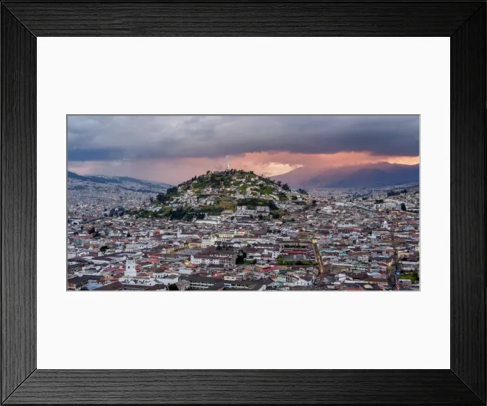Framed Print : View over Old Town towards El Panecillo Hill at sunset, Quito, Pichincha Province Framed Print : View over Old Town towards El Panecillo Hill at sunset, Quito, Pichincha Province