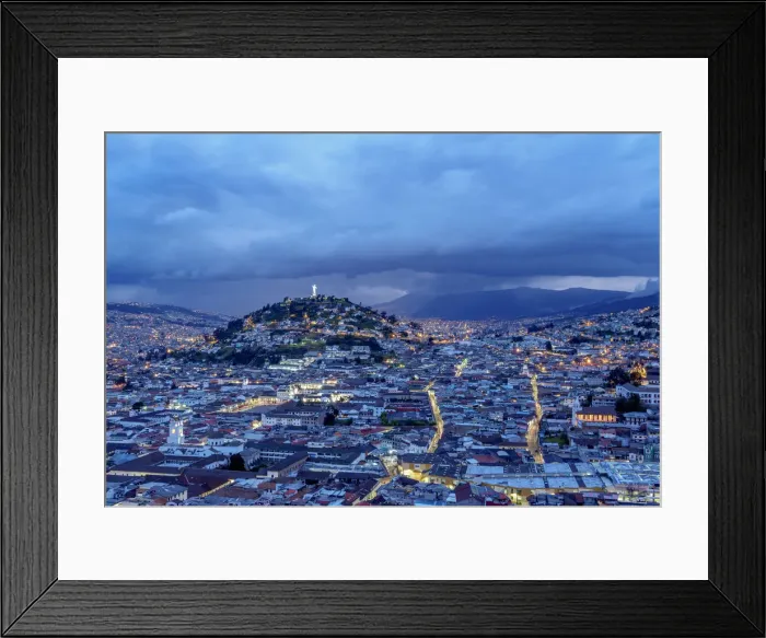 Framed Print : View over Old Town towards El Panecillo Hill at twilight, Quito, Pichincha Province Framed Print : View over Old Town towards El Panecillo Hill at twilight, Quito, Pichincha Province