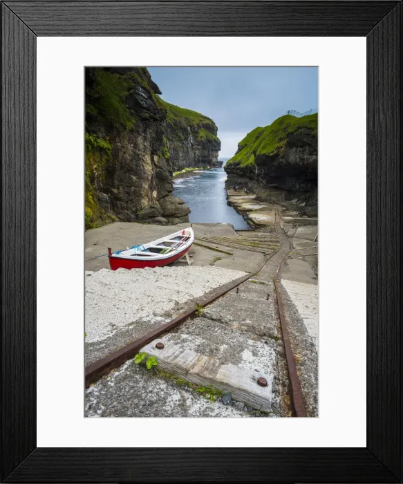 Framed Print : Gjogv, Eysturoy island, Faroe Islands, Denmark. Moored boat in the natural harbor Framed Print : Gjogv, Eysturoy island, Faroe Islands, Denmark. Moored boat in the natural harbor