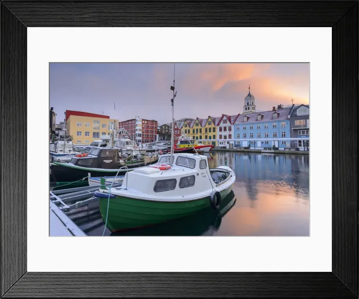 Framed Print : Boats moored in Torshavn harbour at sunrise, Faroe Islands, Denmark. Spring (April) 2015 Framed Print : Boats moored in Torshavn harbour at sunrise, Faroe Islands, Denmark. Spring (April) 2015