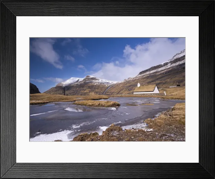 Framed Print : Spectacular mountain scenery surrounding Saksuns pretty turf roofed church, Streymoy Framed Print : Spectacular mountain scenery surrounding Saksuns pretty turf roofed church, Streymoy