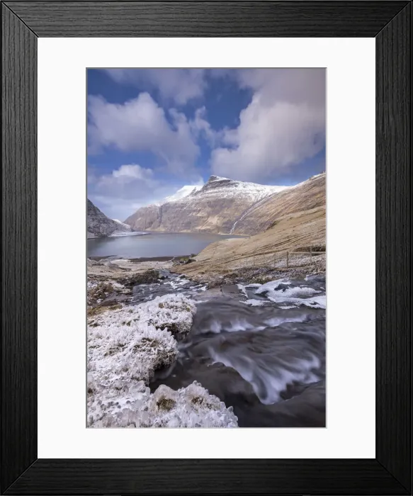 Framed Print : Snow and ice covered scenery at Saksun on the island of Streymoy, Faroe Islands, Denmark