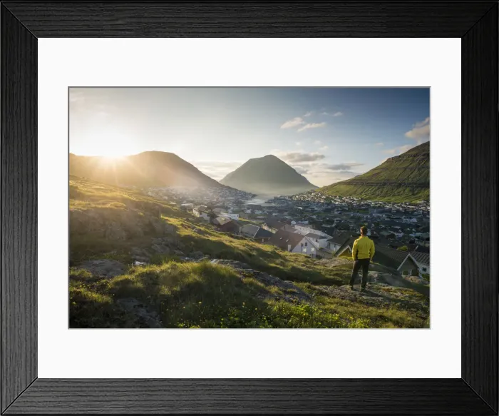 Framed Print : Klaksvik, Bordoy island, Faroe Islands, Denmark. Man watching the city at sunset. (MR) Framed Print : Klaksvik, Bordoy island, Faroe Islands, Denmark. Man watching the city at sunset. (MR)