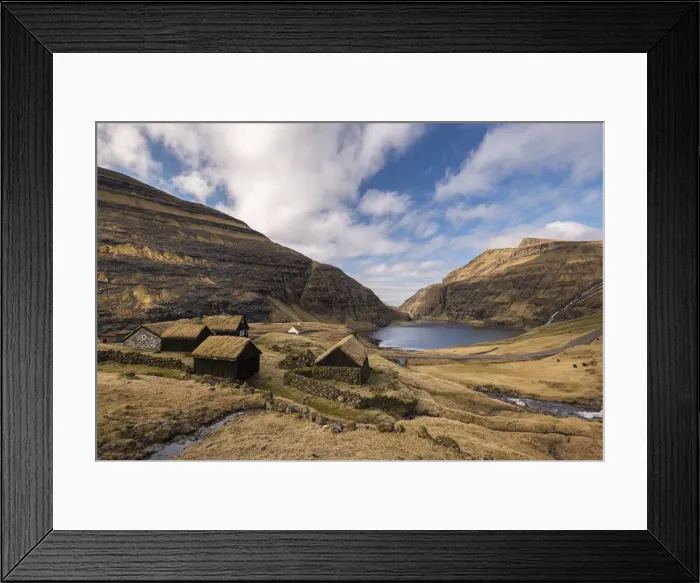 Framed Print : Grass roofed buildings in the beautiful Saksun village on the island of Streymoy Framed Print : Grass roofed buildings in the beautiful Saksun village on the island of Streymoy
