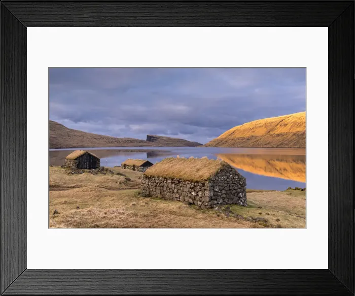Framed Print : Grassed roof stone barns on the shores of Sorvagsvatn  /  Leitisvatn