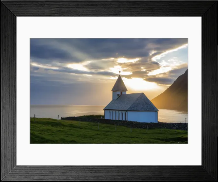 Framed Print : Vidareidi village, Vidoy island, Faroe Islands, Denmark. Villages church at sunset Framed Print : Vidareidi village, Vidoy island, Faroe Islands, Denmark. Villages church at sunset