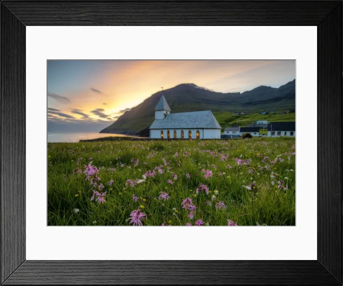 Framed Print : Vidareidi village, Vidoy island, Faroe Islands, Denmark. Villages church at sunset Framed Print : Vidareidi village, Vidoy island, Faroe Islands, Denmark. Villages church at sunset