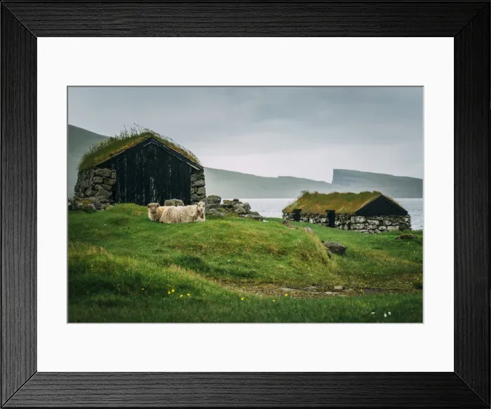 Framed Print : Turf-roofed houses for sheeps, Vagar, Faroe Islands, Europe Framed Print : Turf-roofed houses for sheeps, Vagar, Faroe Islands, Europe