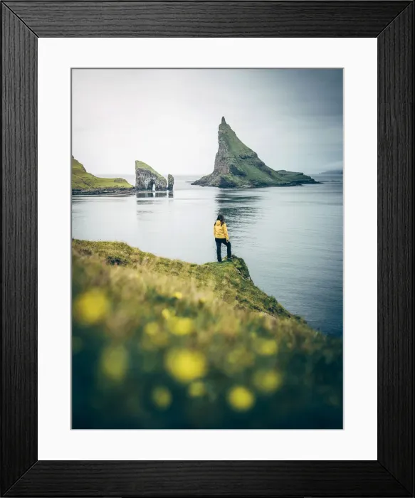 Framed Print : Girl admiring Drangarnir and Tindholmur Faroe Islands, Europe Framed Print : Girl admiring Drangarnir and Tindholmur Faroe Islands, Europe