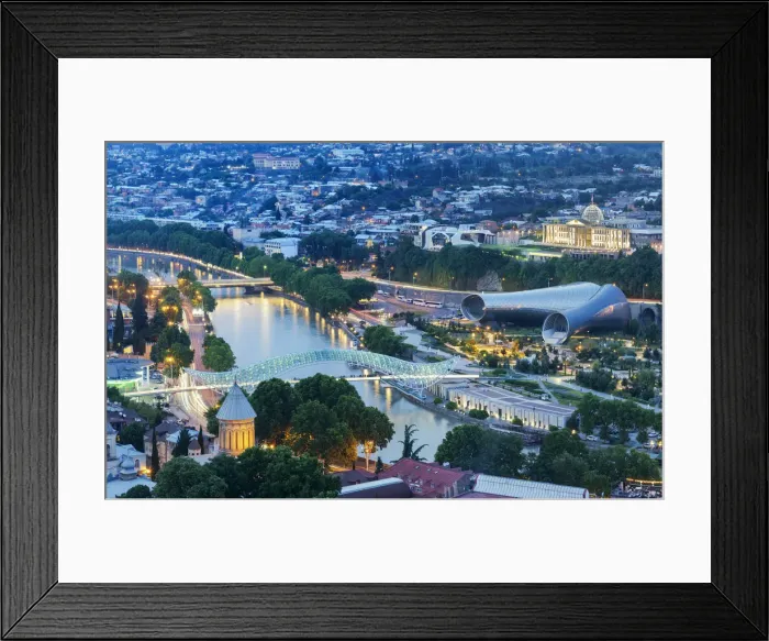 Framed Print : Bridge of Peace and the Mtkvari river. On the right, the Rike Park Music Theatre Framed Print : Bridge of Peace and the Mtkvari river. On the right, the Rike Park Music Theatre