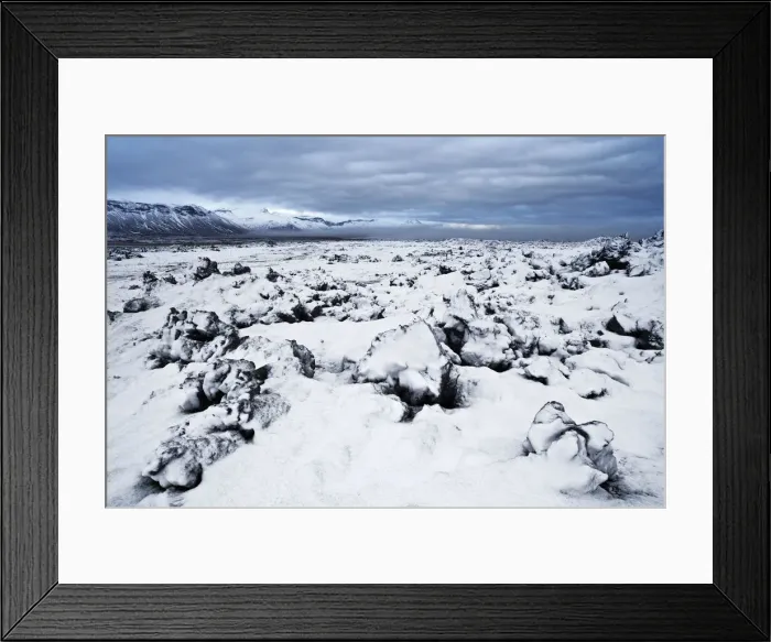Framed Print : Iceland, Snaefellsnes, Fresh snow on the lava field during a cold morning Framed Print : Iceland, Snaefellsnes, Fresh snow on the lava field during a cold morning