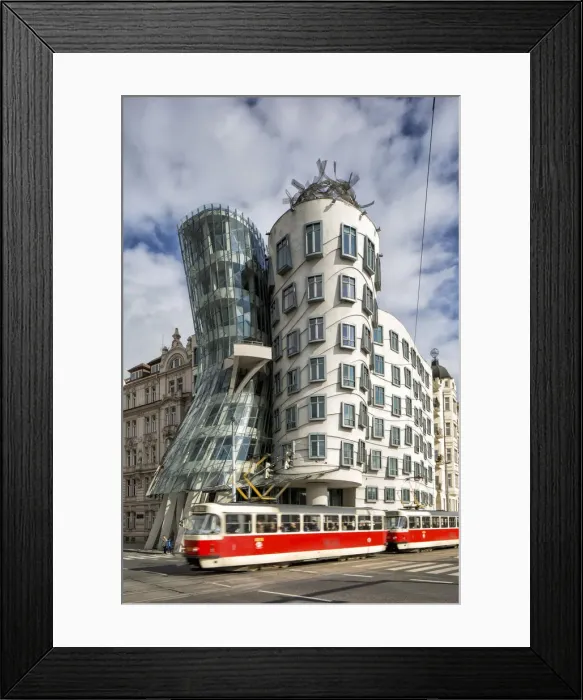 Framed Print : Czech Republic, Prague, A tram crossing in front of the modern building called Tancici Framed Print : Czech Republic, Prague, A tram crossing in front of the modern building called Tancici