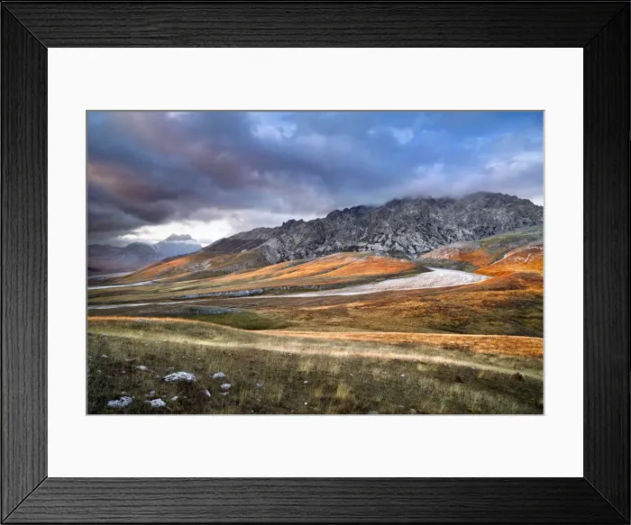 Framed Print : Italy, Abruzzo, The grasslands of Campo Imperatore colored in acid yellow are