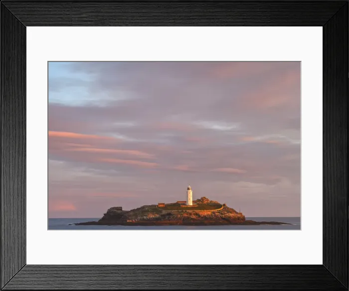 Framed Print : United Kingdom, UK, Cornwall, Sunrise colours and rainbow over Godrevy Lighthouse Framed Print : United Kingdom, UK, Cornwall, Sunrise colours and rainbow over Godrevy Lighthouse