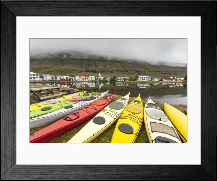 Framed Print : Iceland, South Iceland, Coloured kayaks in the fjord of Seyoisfjorour