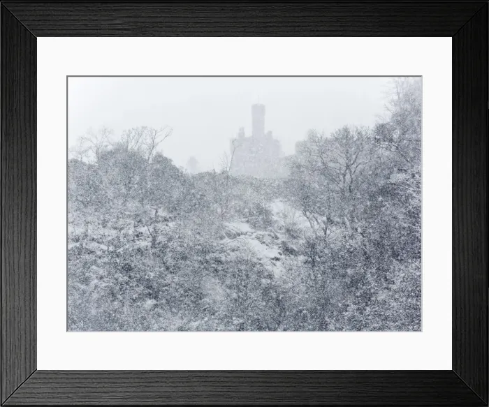 Framed Print : United Kingdom, UK, Scotland, Scottish castle under a strong snow storm Framed Print : United Kingdom, UK, Scotland, Scottish castle under a strong snow storm