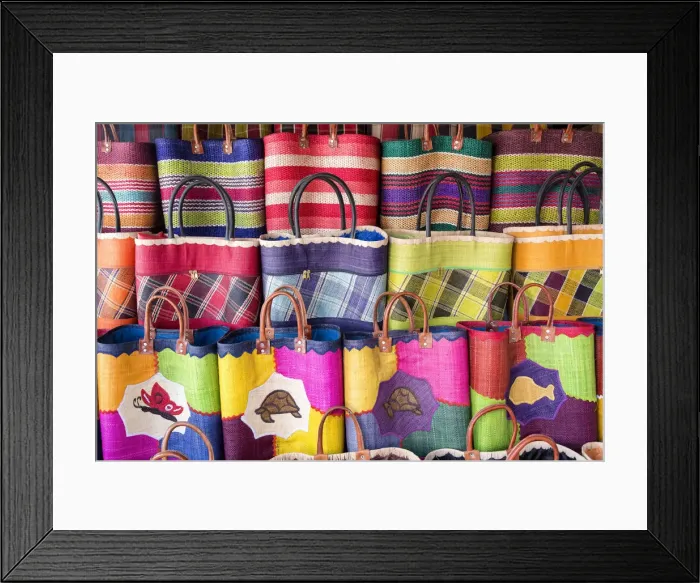 Framed Print : Madagascar, The coloured hand made straw bags typical of Madagascar Framed Print : Madagascar, The coloured hand made straw bags typical of Madagascar