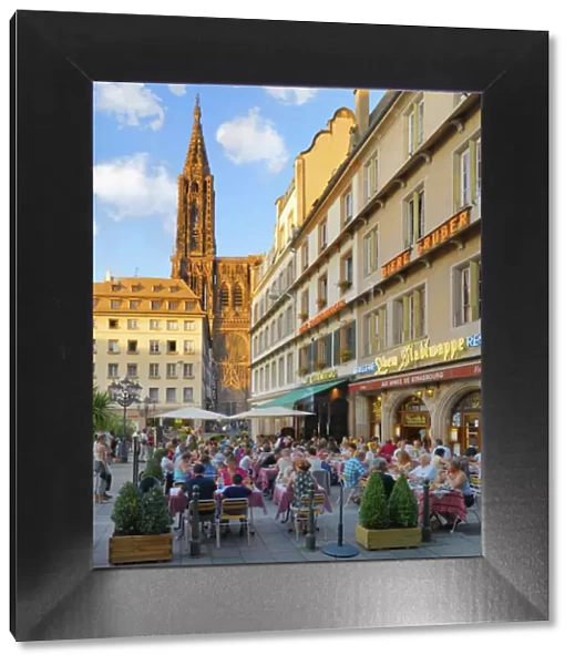 France, Alsace, Strasbourg, Notra dame cathedral and cafe scene