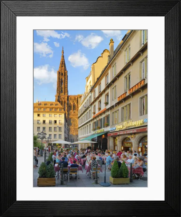 Framed Print : France, Alsace, Strasbourg, Notra dame cathedral and cafe scene Framed Print : France, Alsace, Strasbourg, Notra dame cathedral and cafe scene