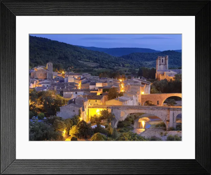 Framed Print : France, Languedoc, Lagrasse, Overview of town at night