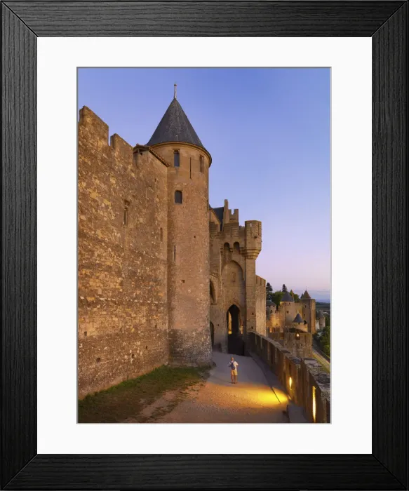 Framed Print : France, Languedoc, Carcassonne, man taking photograph from walls at dusk (MR) Framed Print : France, Languedoc, Carcassonne, man taking photograph from walls at dusk (MR)