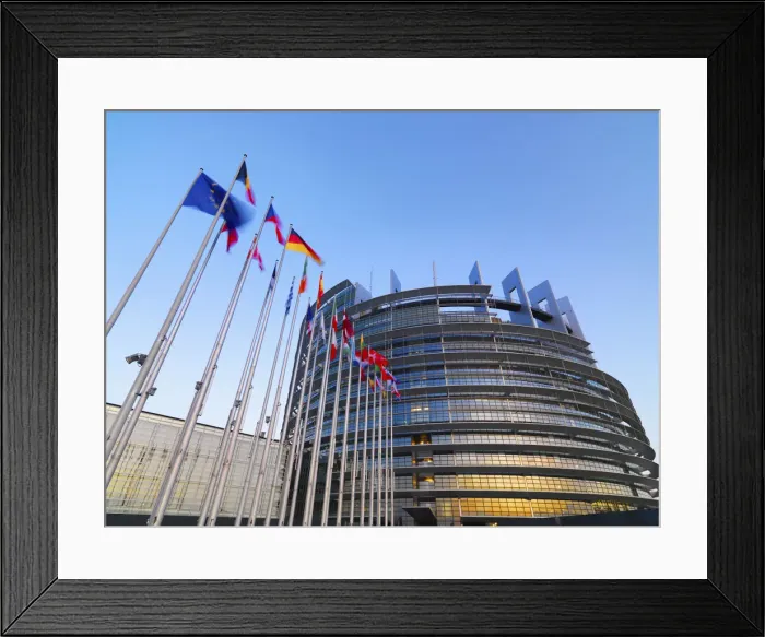 Framed Print : France, Alsace, Strasbourg, European parliament at dusk Framed Print : France, Alsace, Strasbourg, European parliament at dusk