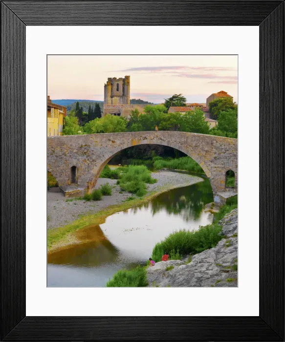 Framed Print : France, Languedoc, Lagrasse, woman and girl siiting by river (MR) Framed Print : France, Languedoc, Lagrasse, woman and girl siiting by river (MR)
