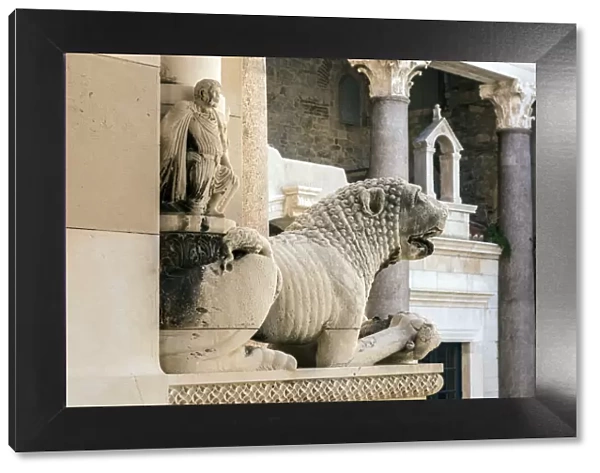 Lion statue guarding the entrance of the Cathedral of Saint Domnius in Split, Dalmatia