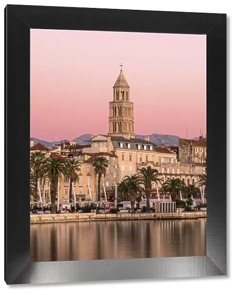 Waterfront with Cathedral of St. Domnius in the background at sunset, Split, Dalmatia