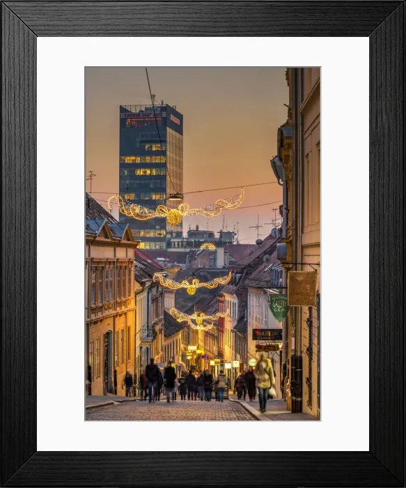 Framed Print : Sunset view of a street in Gornji Grad or upper town adorned with Christmas lights