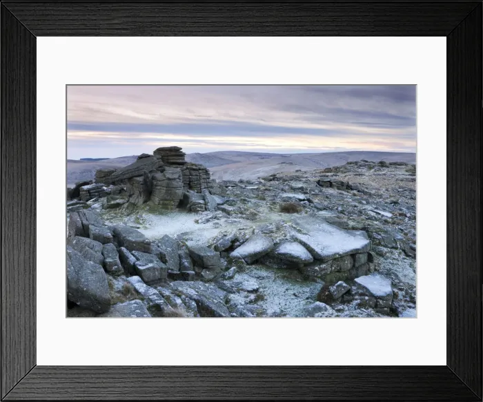 Framed Print : Frost covered Higher Tor in Dartmoor National Park, Devon, England. Winter Framed Print : Frost covered Higher Tor in Dartmoor National Park, Devon, England. Winter