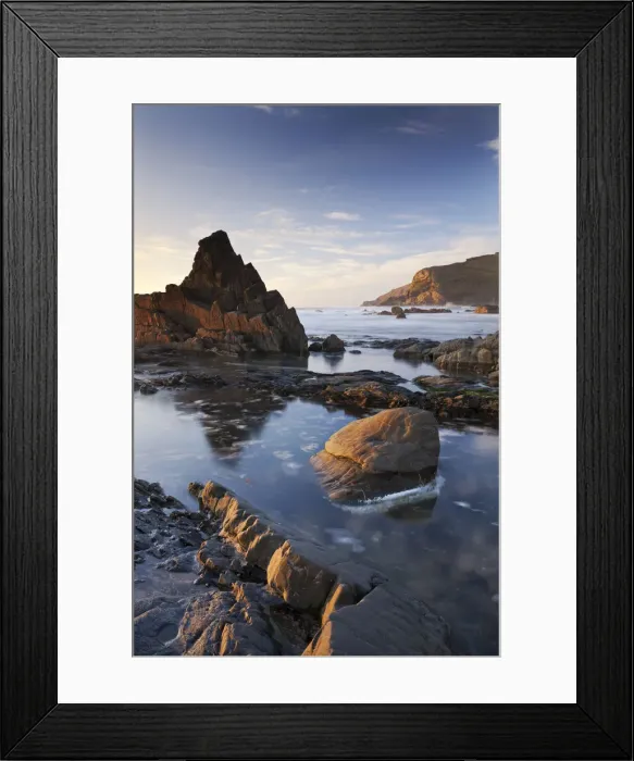 Framed Print : Rockpools and jagged rocks at Duckpool beach in North Cornwall, England. Spring Framed Print : Rockpools and jagged rocks at Duckpool beach in North Cornwall, England. Spring