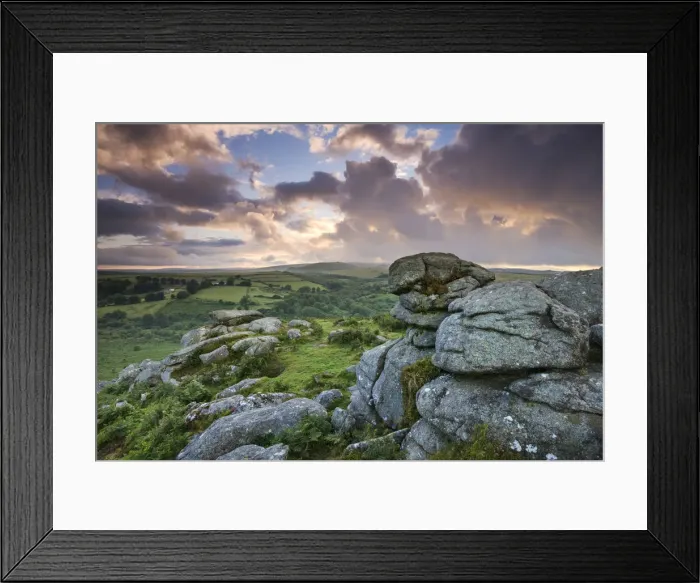 Framed Print : Holwell Tor on a stormy summer evening, Dartmoor National Park, Devon, England. Summer Framed Print : Holwell Tor on a stormy summer evening, Dartmoor National Park, Devon, England. Summer