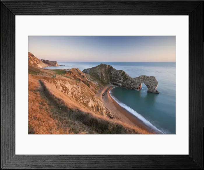 Framed Print : View from cliff tops down into Durdle Door, Dorset, England. Winter Framed Print : View from cliff tops down into Durdle Door, Dorset, England. Winter