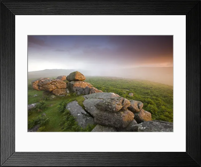 Framed Print : Sunset and misty conditions on the moorland near Haytor, Dartmoor National Park, Devon