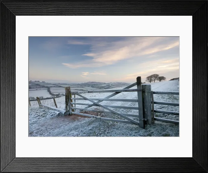 Framed Print : Frost covered wooden gate and field, Raddon Hills, Devon, England. Winter Framed Print : Frost covered wooden gate and field, Raddon Hills, Devon, England. Winter