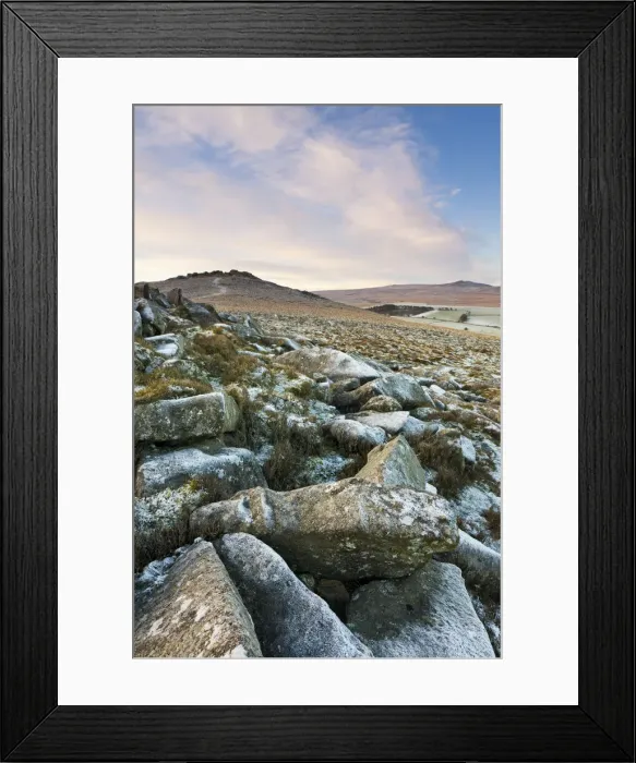 Framed Print : Frost on Belstone Tor in Dartmoor National Park, Devon, England. Winter