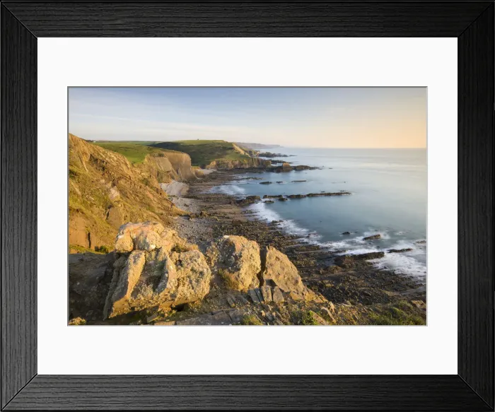 Framed Print : Clifftop vista of Blegberry Bay and Hartland Quay from Damehole Point, Hartland, Devon Framed Print : Clifftop vista of Blegberry Bay and Hartland Quay from Damehole Point, Hartland, Devon