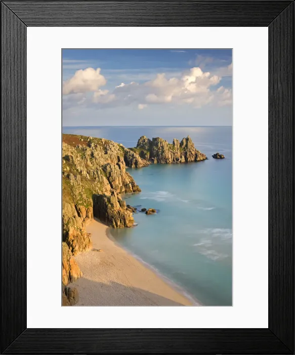 Framed Print : Pednvounder Beach backed by Logan Rock on Treryn Dinas headland, Porthcurno, Cornwall Framed Print : Pednvounder Beach backed by Logan Rock on Treryn Dinas headland, Porthcurno, Cornwall