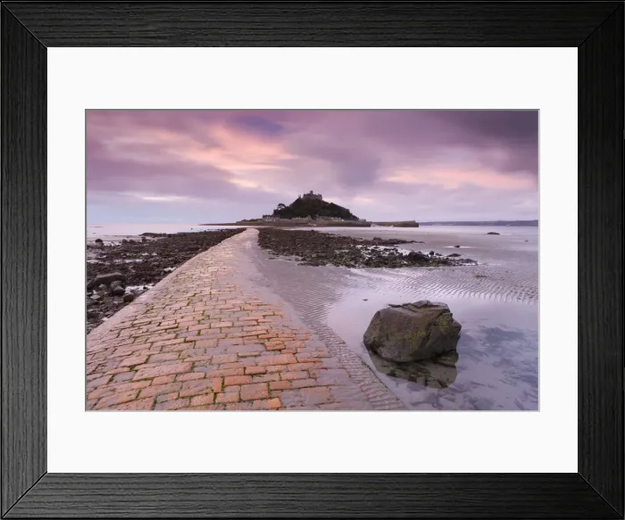Framed Print : Causeway at low tide, leading to St Michaels Mount, Cornwall, England. Autumn Framed Print : Causeway at low tide, leading to St Michaels Mount, Cornwall, England. Autumn