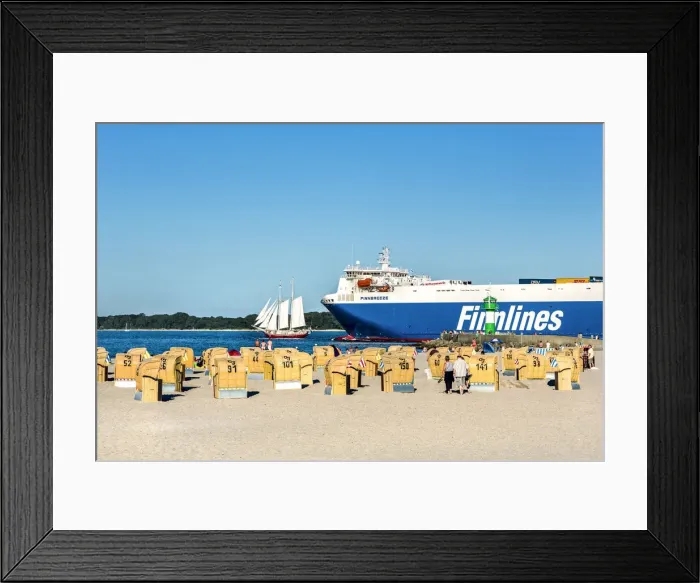Framed Print : Ferry and sailing boat near beach, TravemAonde, LAobeck, Baltic coast, Schleswig-Holstein