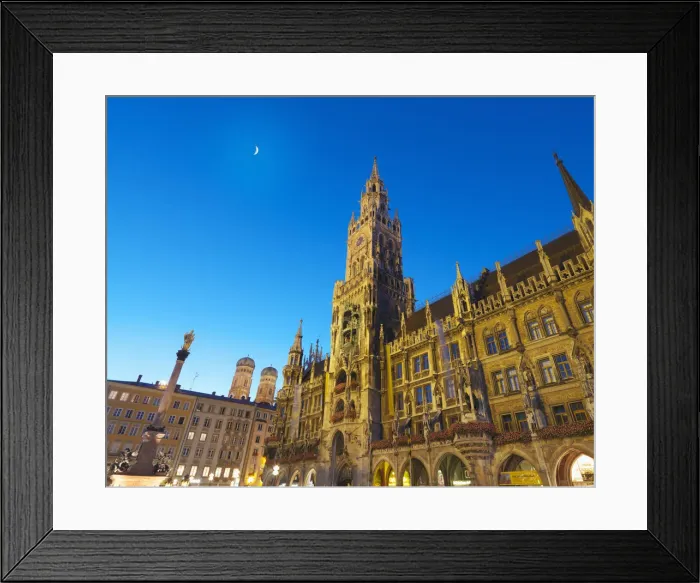 Framed Print : Germany, Bavaria; Munich; Marienplatz; Low view of Town hall (Rathaus) and Frauenkirche Framed Print : Germany, Bavaria; Munich; Marienplatz; Low view of Town hall (Rathaus) and Frauenkirche