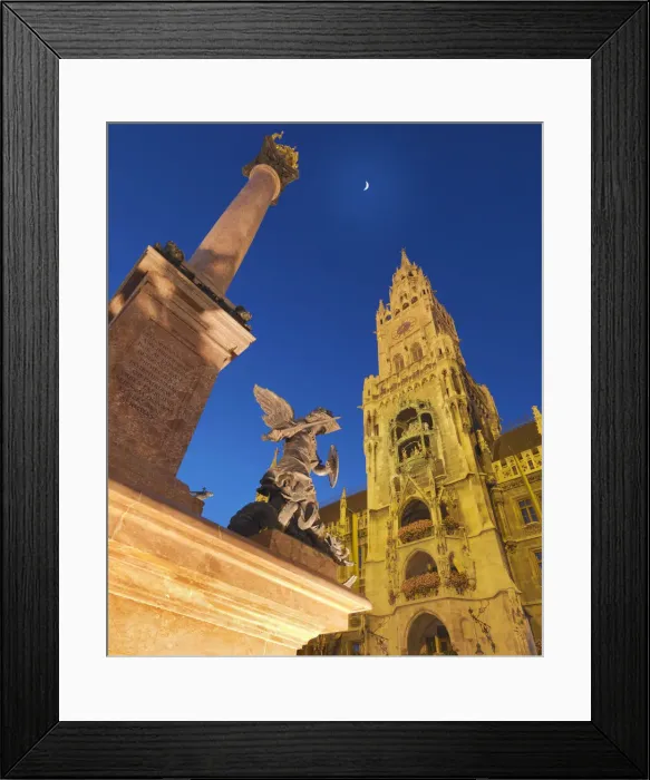 Framed Print : Germany, Bavaria; Munich; Marienplatz; Low view of town hall (Rathaus) and St Framed Print : Germany, Bavaria; Munich; Marienplatz; Low view of town hall (Rathaus) and St