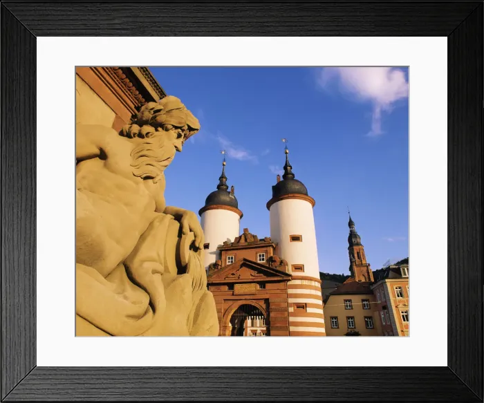 Framed Print : Germany, Bavaria, Heidelberg, Statue on bridge and Heidelberg gate Framed Print : Germany, Bavaria, Heidelberg, Statue on bridge and Heidelberg gate