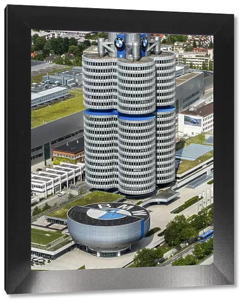 Aerial view of the BMW Headquarters or BMW Tower, Munich, Bavaria, Germany