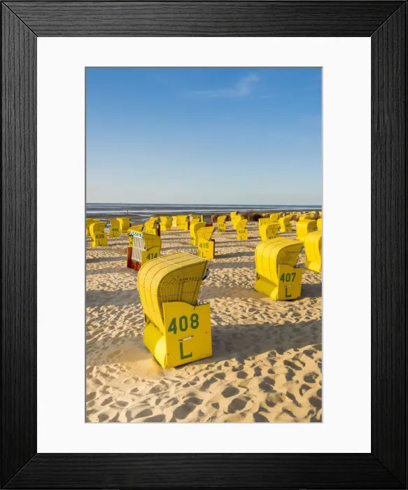 Framed Print : Duhnen, Cuxhaven, Lower Saxony, Germany. Yellow Strandkorbs along the Wadden Sea Framed Print : Duhnen, Cuxhaven, Lower Saxony, Germany. Yellow Strandkorbs along the Wadden Sea