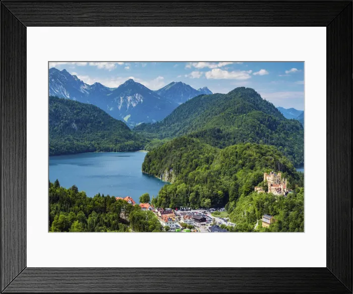 Framed Print : View over Hohenschwangau village on left and Hohenschwangau castle on right, Schwangau Framed Print : View over Hohenschwangau village on left and Hohenschwangau castle on right, Schwangau
