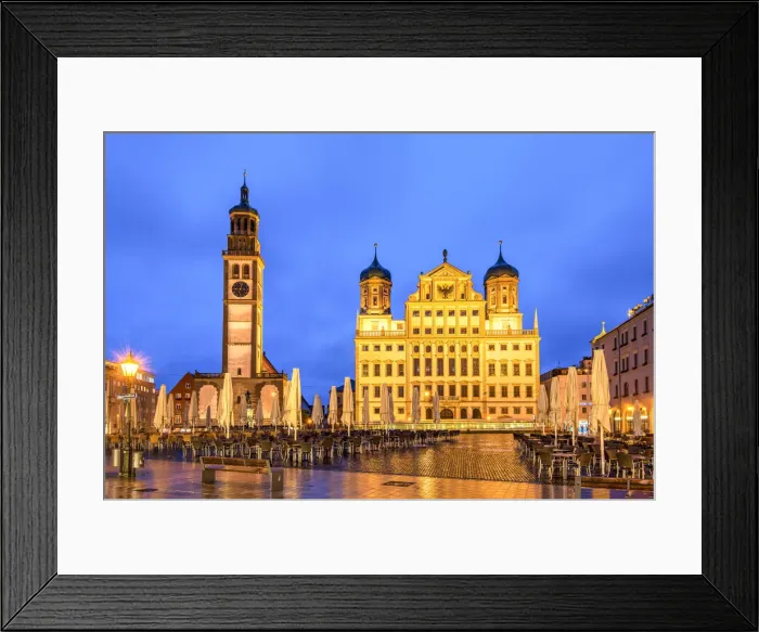 Framed Print : Night view of Rathausplatz with Perlachturm tower on the left side and the city hall