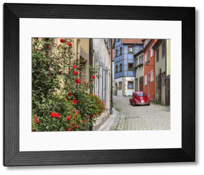 Framed Print : Picturesque cobblestone street with original Volkswagen Beetle car, Rothenburg ob Framed Print : Picturesque cobblestone street with original Volkswagen Beetle car, Rothenburg ob