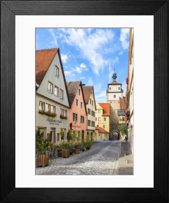 Framed Print : Old town cobblestone street with timber framed houses, Rothenburg ob der Tauber, Bavaria